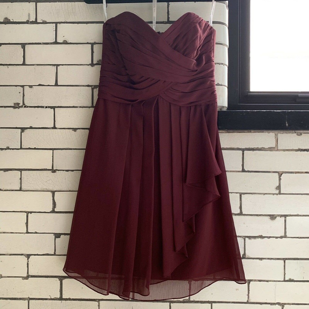 DAVID’s BRIDAL Strapless Sangria Pink Purple Dress F14847 Crinkle Chiffon 10 EUC